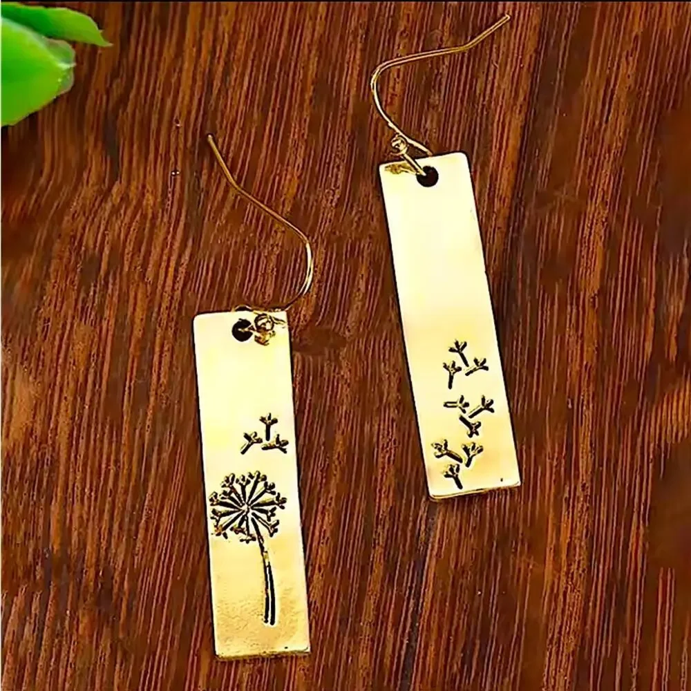 Vintage Dandelion Gold Metal Geometry Square Leaf Dangle Earrings fo…